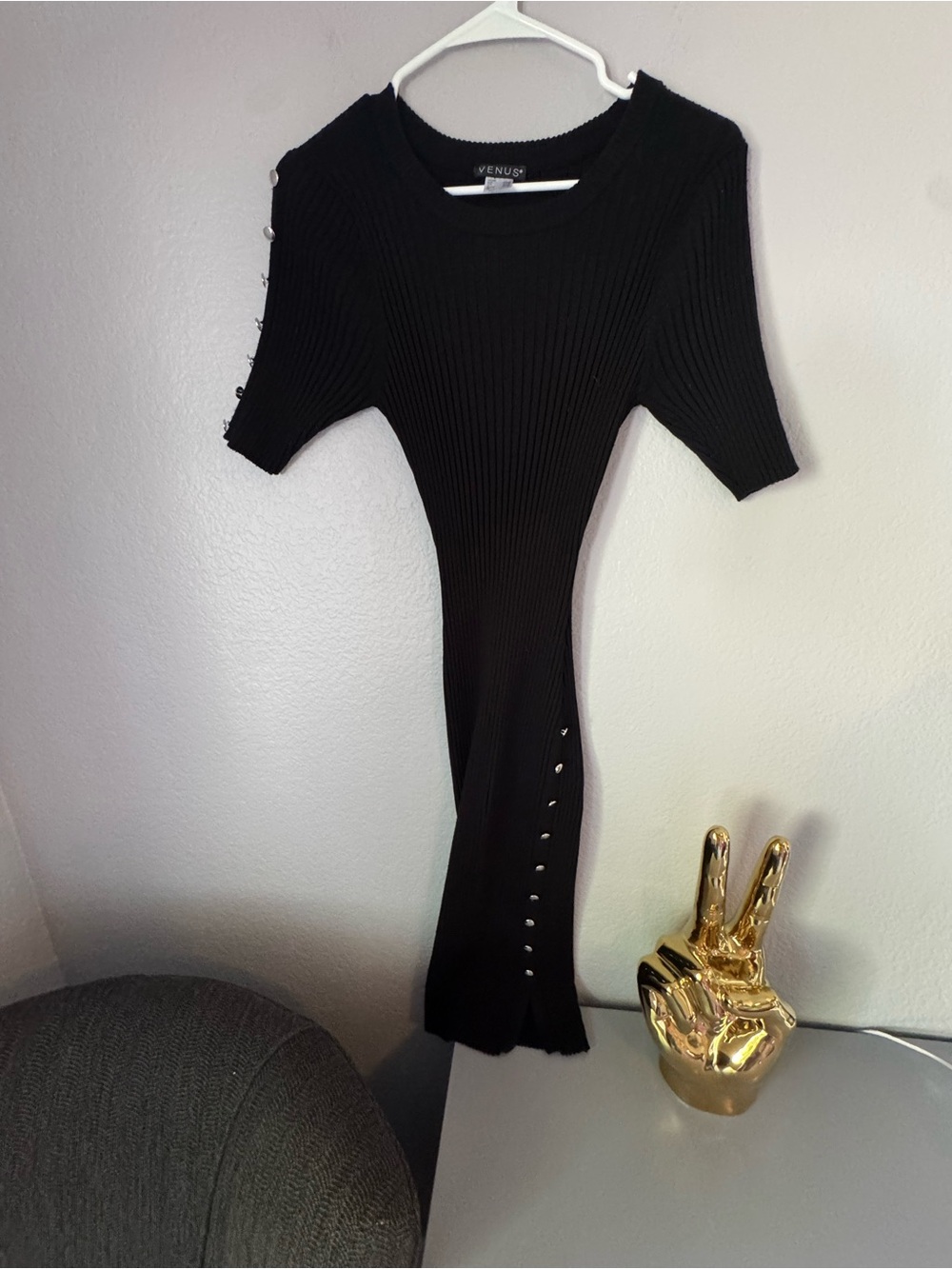VENUS Black Ribbed Short-Sleeve Midi Dress with Silver Side Button Accents